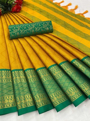 Juhi Collection Color Block, Temple Border, Woven, Embellished Banarasi Jacquard, Cotton Silk Saree(Gold)