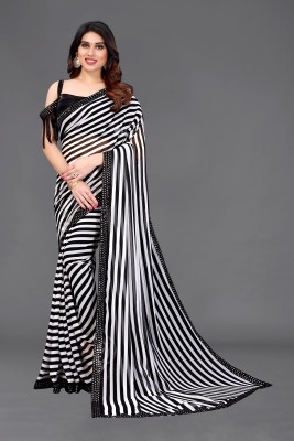 SARETRA MALL Striped Bollywood Georgette Saree(White, Black)