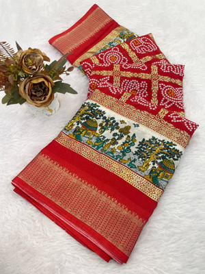Julee Printed Bandhani Silk Blend Saree(Red)