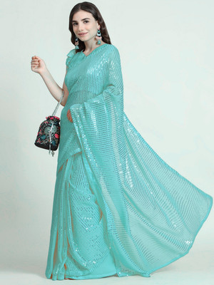 Clemira Embroidered Bollywood Georgette Saree(Light Blue)