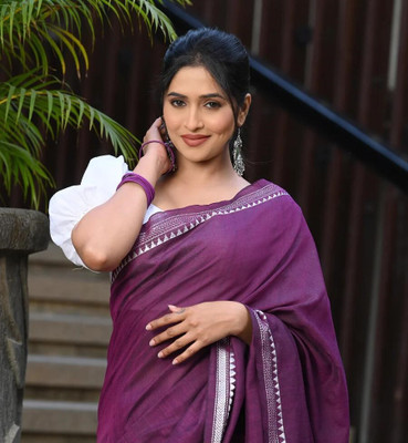 Lakshmi Boutique Solid/Plain, Striped, Woven Bollywood Cotton Silk Saree(Purple)