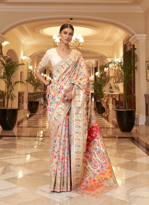 Sidhidata Digital Print Kanjivaram Cotton Blend Saree(Cream)