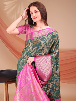 NIYAMI Printed, Self Design, Woven, Floral Print Banarasi Jacquard, Cotton Silk Saree(Dark Green)