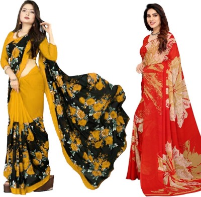 Priyashi Printed Daily Wear Georgette Saree(Pack of 2, Red)