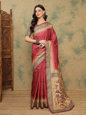 Sangria Digital Print Banarasi Silk Blend Saree(Red)