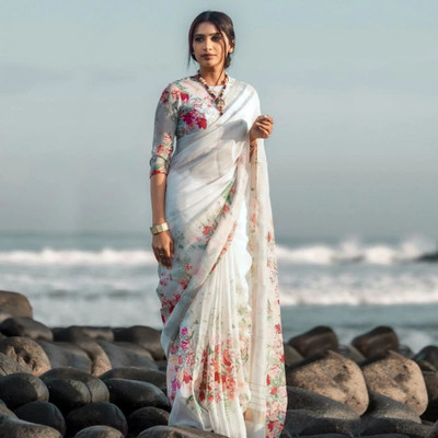 STAVA CREATION Printed Bollywood Linen Saree(White)