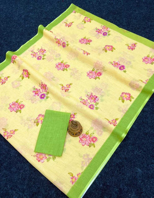 Margi Designers Floral Print Handloom Cotton Linen Saree(Yellow)