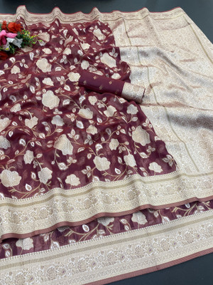 AAINA CREATION Floral Print Bollywood Tissue Saree(Brown)