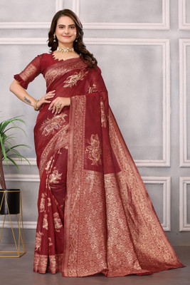 HITESH ENTERPRISE Self Design Banarasi Cotton Linen Saree(Maroon)