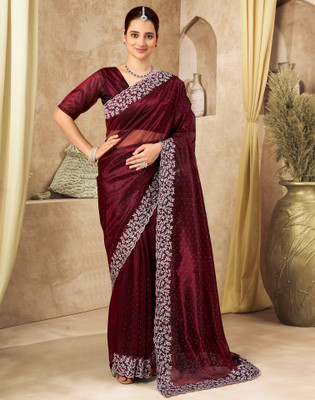 Satrani Embellished, Embroidered Bollywood Net Saree(Maroon)