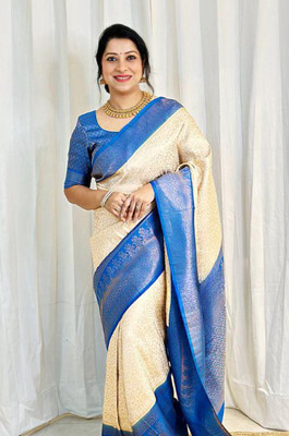 NIRLABH Striped Banarasi Pure Silk Saree(White)