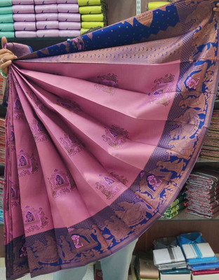 WILLMAKE Printed, Applique, Embellished, Floral Print, Woven Bollywood Georgette Saree(Pink, Blue)