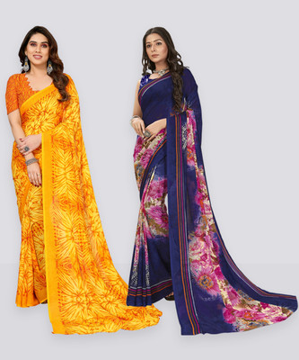 Anand Sarees Floral Print, Polka Print, Ombre, Printed Bollywood Georgette Saree(Pack of 2, Dark Blue, Pink, Yellow)
