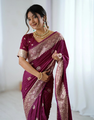 Satrani Woven, Embellished Banarasi Pure Silk Saree(Purple, Gold)