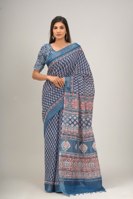 KRISHNA FASHION Printed Daily Wear Cotton Linen Saree(Blue)