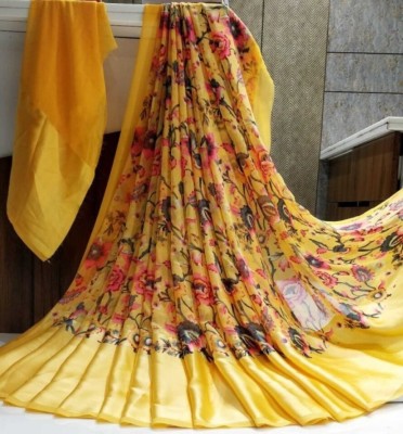 Hensi sarees shop Printed Mundum Neriyathum Chiffon, Muslin Saree(Yellow)