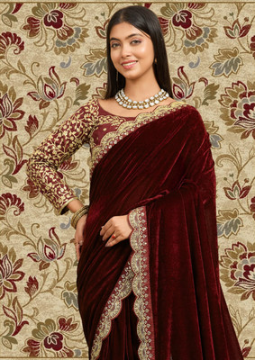 hutah Self Design, Embroidered Banarasi Velvet, Cotton Blend Saree(Maroon)