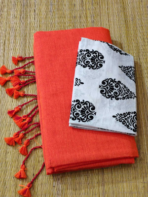 SMRITI BOUTIQUE Solid/Plain Bollywood Handloom Pure Cotton Saree(Orange, White)