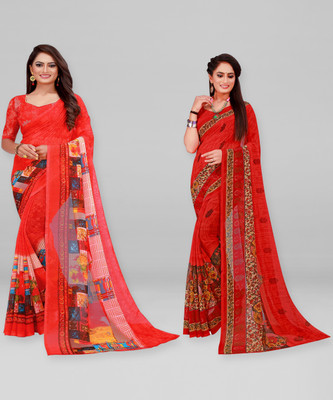 Divastri Printed Daily Wear Georgette Saree(Pack of 2, Red)