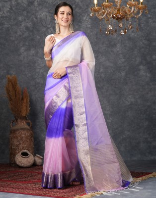 Samah Dyed, Self Design, Woven Banarasi Organza Saree(Pink, Dark Blue, White)