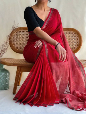 Joyguru Textile Self Design Handloom Cotton Blend Saree(Red)