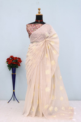 KRISHNACOLLECTION9 Embroidered Chanderi Chanderi Saree(White, Cream)