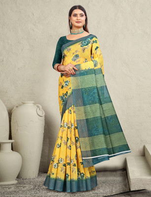 HouseOfCommon Printed Kanjivaram Pure Cotton, Chanderi Saree(Yellow, Green)