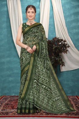 Sareezaa Printed Daily Wear Cotton Blend Saree(Dark Green)