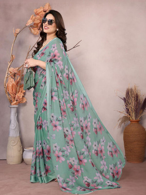 ANOUK Printed Saree with Attached Blouse Chiffon Saree(Green)
