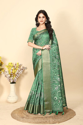 J6 Designers Floral Print Madhubani Cotton Silk Saree(Green)