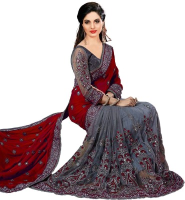 Styli-Nar Creation Printed, Digital Print, Striped, Self Design, Embroidered Bollywood Georgette Saree(Maroon, Grey)