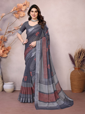 HITESH ENTERPRISE Floral Print Handloom Linen Saree(Grey)