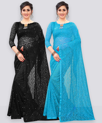 LOROFY Self Design Bollywood Net Saree(Pack of 2, Multicolor, Black)
