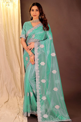 VKARAN Embroidered Saree with Attached Blouse Jimmy choo Saree(Light Green)