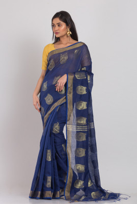 angoshobha Solid/Plain Handloom Cotton Silk Saree(Blue)