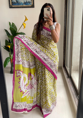 perical Floral Print, Printed Kalamkari Cotton Blend Saree(Light Green)