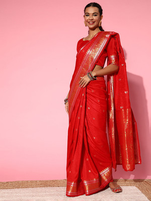 Divastri Floral Print Banarasi Silk Blend Saree(Red)