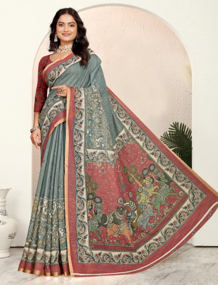 MAANVIT Printed Kanjivaram Pure Cotton, Cotton Linen Saree(Grey, Red)