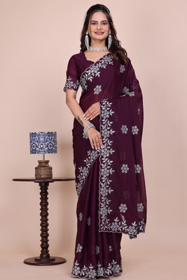 niesha fashion Embroidered Bollywood Chiffon Saree(Maroon)