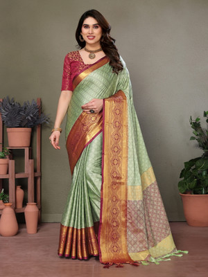 The Style Sanctuary Woven, Geometric Print, Floral Print, Self Design Bollywood Cotton Silk Saree(Yellow, Blue)