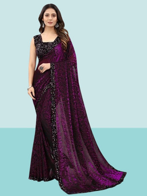Vragi Floral Print Bollywood Lycra Blend Saree(Purple)