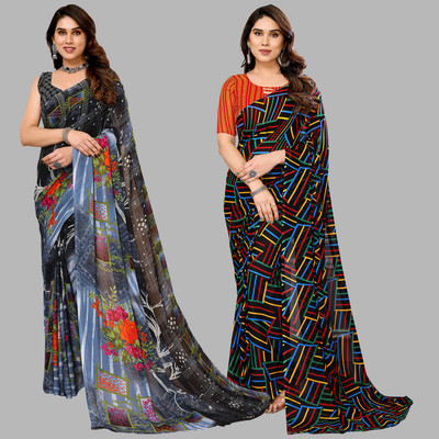 kashvi sarees Printed Daily Wear Georgette Saree(Pack of 2, Grey, Black, Multicolor)