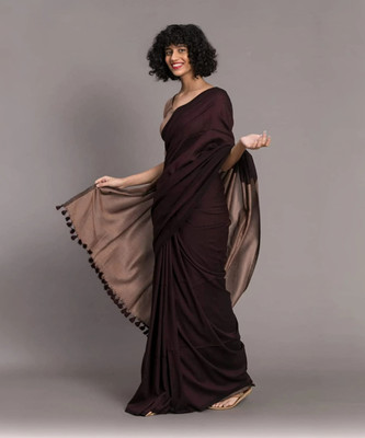 Binay textile Solid/Plain Handloom Pure Cotton Saree(Brown)