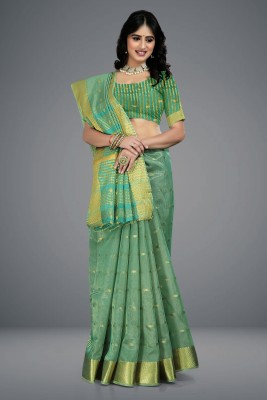 kunal enterprise Woven, Solid/Plain Maheshwari Cotton Blend Saree(Light Green)