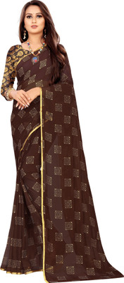 JV Fashion Printed Chanderi Chiffon Saree(Brown)