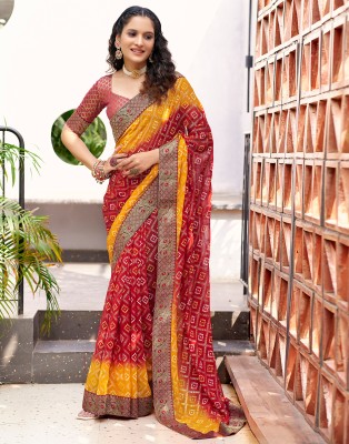 Samah Embellished, Geometric Print, Printed Bollywood Chiffon, Georgette Saree(Red, Yellow)