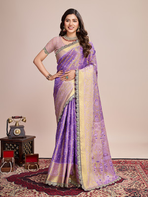 Yogik Creation Floral Print Banarasi Silk Blend Saree(Purple)