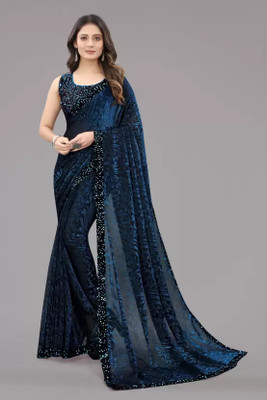 TRIMURTIPRINTS Self Design, Embellished, Woven Bollywood Lycra Blend Saree(Dark Blue)