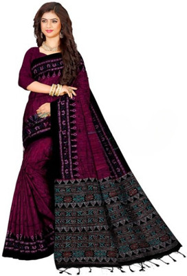 Joyguru Textile Printed Handloom Cotton Blend Saree(Maroon)