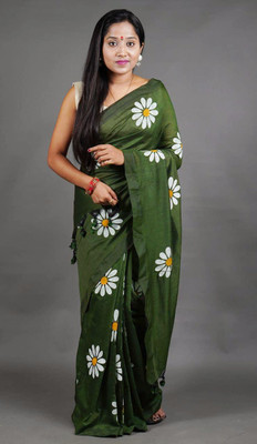 ANU INDIAN FASHION Printed, Floral Print Daily Wear Cotton Blend Saree(Dark Green)